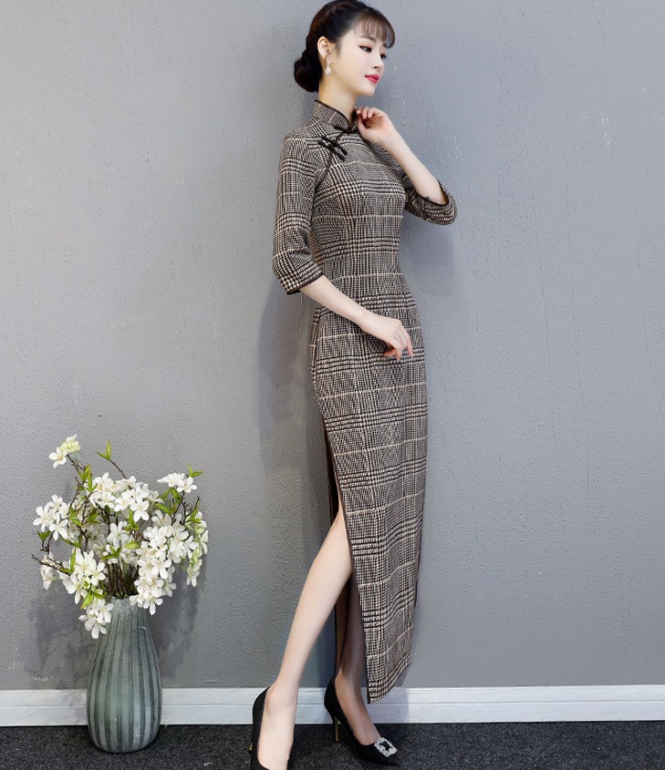 麂皮絨旗袍，格子花型