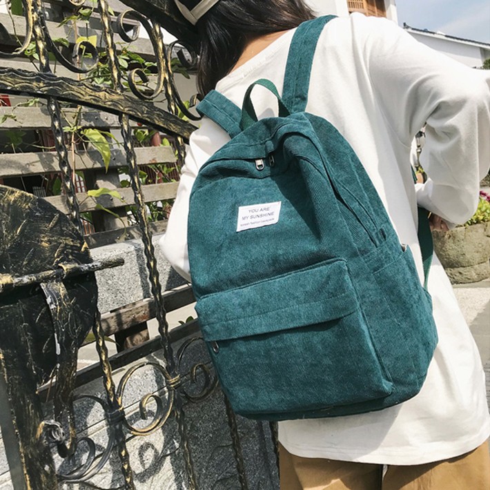 墨綠色16條燈芯絨雙肩包