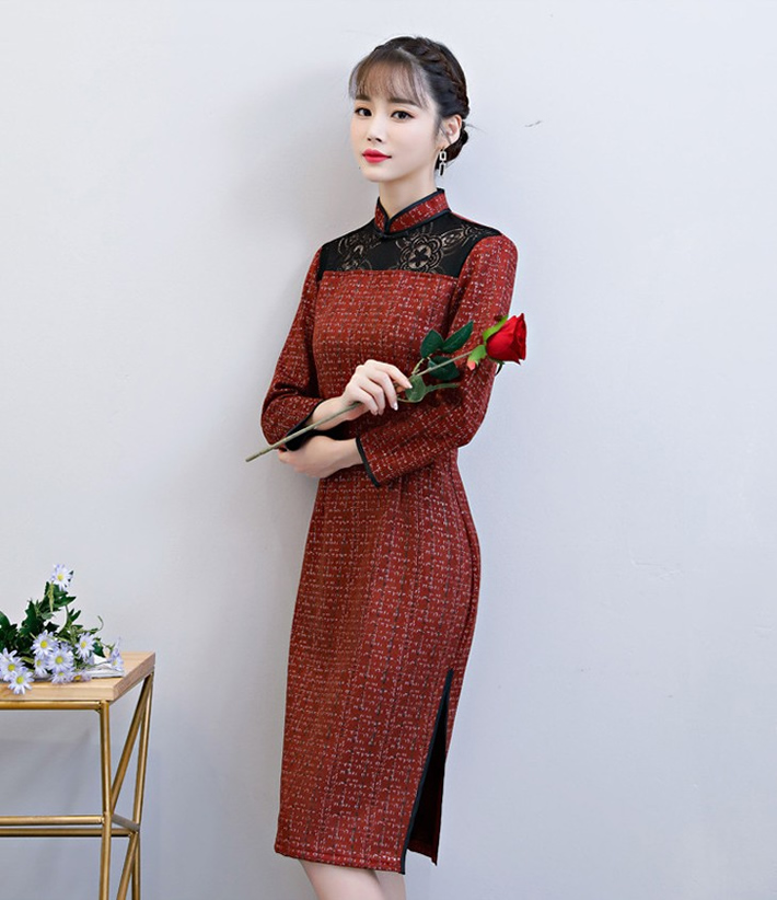 燙金麂皮絨布做成的復(fù)古改良立領(lǐng)麂皮絨旗袍連衣裙